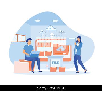 Teamadministrator und Entwickler arbeiten mit Computermonitor. Moderne Illustration des flachen Vektors Stock Vektor