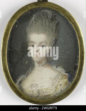 Frederika Sophia Wilhelmina (Wilhelmina; 1751–1820), Prinzessin von Preußen. Ehefrau von Willem V., Robert Mussard, 1768 Miniatur (Gemälde) Porträt von Frederika Sophia Wilhelmina (1751–1820), Prinzessin von Preußen. Ehefrau von Willem V. Buste. Teil der Porträt-Miniatursammlung. Pergament (tierisches Material). Metall. Glas Stockfoto