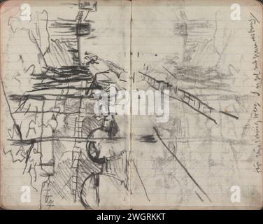 Blick auf den Singel in Amsterdam mit dem Warmoesbrug, George Hendrik Breitner, 1892 - 1900 Seite 11 und Seite 12 aus einem Skizzenbuch mit 38 Blättern. Amsterdam Kreidebrücke in der Stadt über Fluss, Kanal usw. (+ Stadt (-Landschaft) mit Zahlen, Personal). Städtische Architektur; Bauten; Wohnungen Singel. Warmoes-Brücke Stockfoto