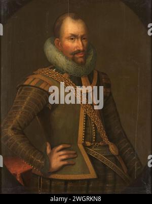 Porträt von Gerard Reynst, Generalgouverneur von Niederländisch-Indien, Anonym, 1614–1675 Gemälde Porträt von Gerard Reynst (Std. 1615). Generalgouverneur (1614-15). Stehend, auf halbem Weg nach rechts, auf der rechten Seite. Eine goldene Kette mit einem Porträtmedaillon von Prinz Maurits um die Schulter. Batavia-Panel. Ölfarbe (Farbe) historische Personen. Kolonialgouverneur Stockfoto