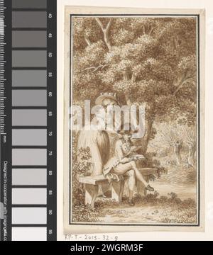 Lesender Mann im Wald, 1771 – 1822 Zeichnen der Mann sitzt auf einer Bank und liest aus einem Brief in seiner linken Hand, mit der rechten Hand hält er ein offenes Buch. Er ist eine Frau, die ihre Hände auf seine Schultern legt. Papier. Tintenstift / Pinsel Wald, Holz. Messwert. Buch Stockfoto