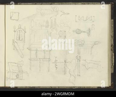 Arbeitsblatt mit Möbeln, einem Fenster und Ornamenten, 1819 - 1849 Seite 43 Recto aus einem Skizzenbuch mit 58 Blättern. Papier. Bleistiftmöbel und Haushaltsgegenstände. Fenster. Ornamente  Kunst Stockfoto