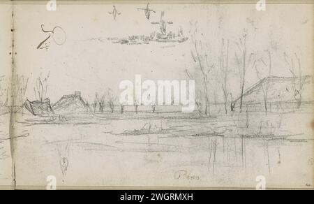 Plas Gesicht mit einem Bauernhof, 1876 - 1877 auch eine Studie einer Landschaft mit einer Mühle. Seite 40 Recto aus einem Skizzenbuch mit 41 Blättern. Papier. Bleistiftlandschaften mit Wasser, Wasserlandschaften, Meereslandschaften (in der gemäßigten Zone). Bauernhof (Gebäude) Stockfoto