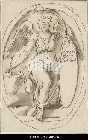 Writing Angel, Anonym, 1770 - 1799 Zeichnen Eines Schreibengels in einem ovalen Rahmen. Entwurf für ein Grabdenkmal. Frankreich Papier. Tintenstift/Pinsel Stockfoto