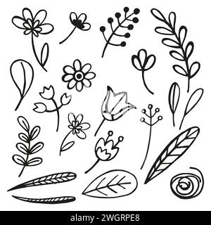 Handgezeichneter Satz von Vektorpflanzen, Blumenbrunch, Zeichnung von Blättern, Blumen, Knospen, Kräuter, Gras, farbige Silhouette der Blätter, einfarbige Illustration Stock Vektor