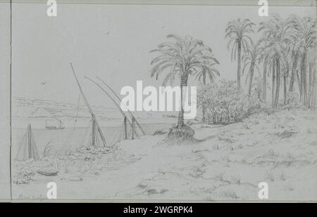 Oever van de Nile in Banī ḩasan, 1859 Palmen am Ufer und Segelboote am Fluss liegen vor. Seite 6 Recto aus einem Skizzenbuch mit 23 Blättern. Banī .asan-Papier. Bleistiftlandschaften mit Wasser, Wasserlandschaften, Meereslandschaften (in der gemäßigten Zone). Bäume: Palmen. Segelschiff, Segelboot Banī ḩasan. Nil Stockfoto