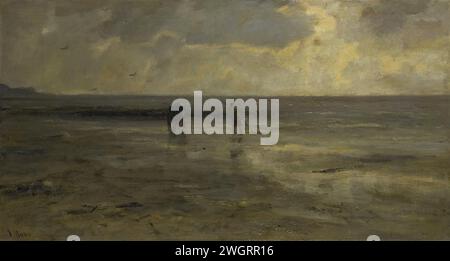 Strand am Abend, Jacob Maris, 1890 Gemälde Gesicht über einem Strand in der Nacht, in der Mitte ein Muschelfischer mit Pferd und Kutsche. Leinwand. Ölfarbe (Farbe) Strand. Sonnenuntergang Stockfoto