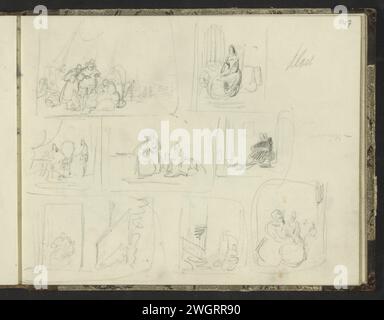 Kompositionsstudien mit Figuren, 1819 - 1849 acht Zeichnungen in Rahmenwerken. Große Figuren im Innenraum. Seite 47 Recto aus einem Skizzenbuch mit 58 Blättern. Papier. Bleistift im Inneren des Hauses Stockfoto