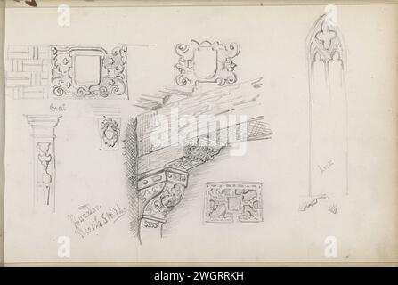 Architekturstudien, 1862 - 1867 unter anderem ein Kirchenfenster, Details zur Fassadenarchitektur und eine Konsole. Seite 17 Recto aus einem Skizzenbuch mit 58 Blättern. Naarden Papier. Architektonische Details mit Bleistift. Kirchenfenster, z. B. Rosenfenster Stockfoto