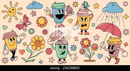Set aus Vintage-Groovigen Charakteren, Walking Coffee Cup und Retro-Cartoon-Elementen für Aufkleber, Stock Vektor