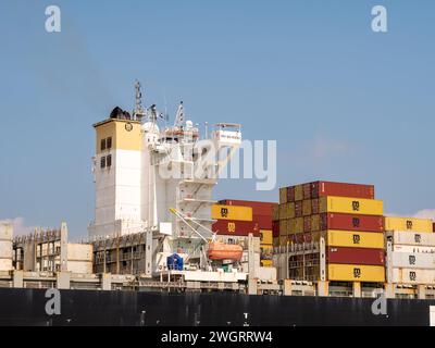 Brücke und Trichter des Containerschiffs MSC Adelaide, das auf Westerschelde in den Niederlanden auf dem Weg zum Hafen von Antwerpen in Belgien fährt Stockfoto