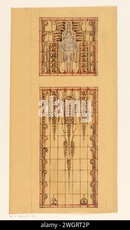 Entwürfe für zwei Buntglasfenster mit Blumenschmuck, Anonym, in oder nach 1907 - 1930 Zeichnung Amsterdam-Plättchen. Tinte. Aquarell (Farbe). Bleistift / Pinsel Blumen  Ornament Stockfoto