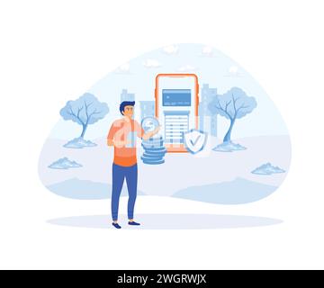 Mann zahlt erfolgreich und sicher mit dem Mobiltelefon. Mobile Online-Zahlungen und -Banking. Konzept von Beleg, Online-Shopping, Geldtransfer. Stock Vektor