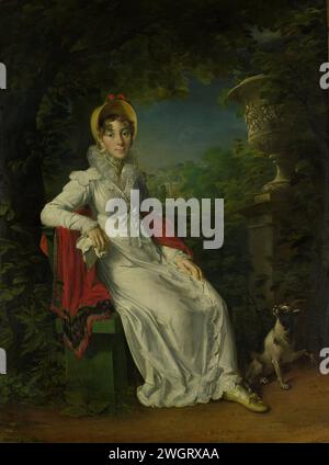 Carolina Ferdinanda Louisa von Sizilien (1798–1870). Ehefrau von Charles Ferdinand, Herzog von Berry, im Park von Bagatelle im Bois de Boulogne (bei Paris), Francois Gérard, 1820 - 1837 Gemälde Porträt der Herzogin von Berry, Carolina Ferdinanda Louisa von Sizilien (älteste Tochter von Frans I., König von Neapel), Ehefrau von Karel Ferdinand, Herzog von Berry, im Park von Bagatelle in Bois de Boulogne bei Paris. Mit Füßen, auf einer Gartenbank neben einer Gartenvase. Rechts zu ihren Füßen ein Hund. Leinwand. Ölfarbe (Farbe) historische Personen - BB - Frau Paris. Bois de Boulogne Stockfoto