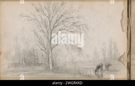Kühe an einer Wasserstelle, 1876 - 1877 Ein Bauernhof im Hintergrund. Seite 40 rückseitig aus einem Skizzenbuch mit 41 Blättern. Papier. Bleistiftbewässerung, Spa. Farm (Gebäude). Kuh Stockfoto