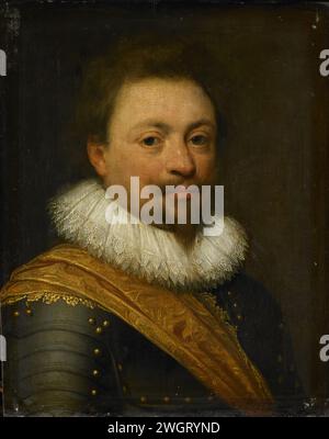 Porträt Wilhelm (1592–1642), Graf von Nassau-Siegen, Jan Antonisz van Ravesteyn (Werkstatt von), um 1620 – um 1630 Gemälde Porträt von Willem (1592–1642), Graf von Nassau-Siegen. Nach rechts, in Rüstung. Kopie auf ein Gemälde von Michiel Jansz. Van Mierevelt. Teil der Serie von Porträts aus dem Haus Honselaarsdijk. Bereich. Ölfarbe (Farbe) historische Personen Stockfoto