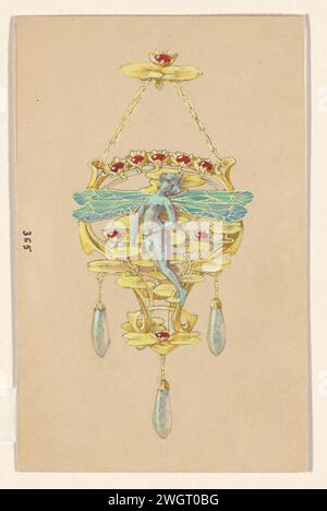 Entwurf für einen Anhänger mit einer Frau mit Libellenflügeln, aus Gold, Rubinen, Opalen und E-Mail, Paul Louchet, c. 1905 Paris-Papier. Graphit (mineralisch). Tinte. Aquarellzeichnung/Stift Stockfoto