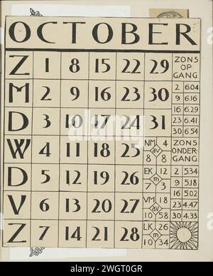 Kalender für den Monat Oktober 1876 - 1924 loser Druck zwischen den Seiten 4 und 5 von einem Album mit 17 Blättern. Papierkalender, Almanach Stockfoto