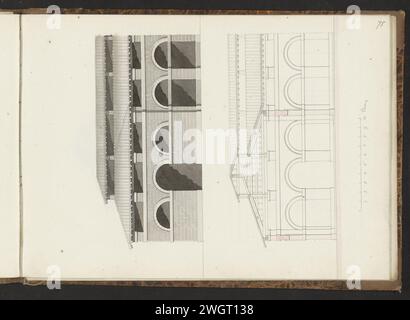 Fassade und Durchmesser eines Gebäudes, 1825 - 1907 Seite 75 aus einem Skizzenbuch mit 86 Seiten. Papier. Bleistift. Tinte. Aquarellstift/Pinselteil  Architekturdesign oder Modell. Fassade (eines Hauses oder Gebäudes) Stockfoto