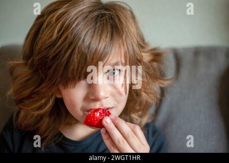 Junge, der auf dem Sofa sitzt und gesunde Erdbeeren isst und ein Buch liest Stockfoto