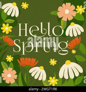 Hallo Frühling, frischer trendiger Frühlingsjahresbuchstabe mit Blumen für Grußkarte, Post mit Textur Stock Vektor