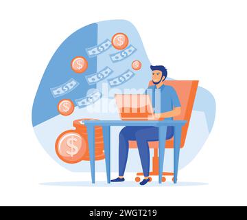 Mann, der mit Computer arbeitet und Geld von zu Hause aus verdient. Moderne Illustration des flachen Vektors Stock Vektor