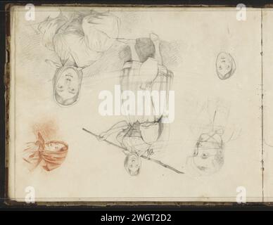 Studienmagazin, darunter eine Frau mit Rucksack und Krug, 1819–1849 auch Studien über Frauen mit Kopftüchern und einem Mann mit Pfeife. Skizzen weitgehend durchgestrichen. Seite 51 rückseitig aus einem Skizzenbuch mit 52 Blättern. Papier. Bleistift. Kreidesack, Rucksack. Kopfbedeckung (KOPFTUCH) (+ Damenkleidung). Pfeife  Tabak Stockfoto