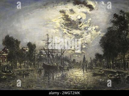 Rotterdam im Mondlicht, Johan Barthold Jongkind, 1881 Gemälde Blick auf einen Kanal in Rotterdam am Abend bricht der Mond durch die Wolken. Es gibt mehrere große und kleinere Segelschiffe und Boote an Land. In der Ferne ein Kirchturm. Leinwand. Ölfarbe (Farbe) Kanal (+ Landschaft mit Figuren, Personal). Mondlicht. Nacht  Landschaft (manchmal auch „NOx“ genannt) Rotterdam Stockfoto