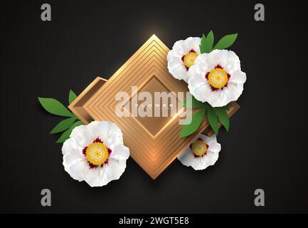 Antiker, luxuriöser Logorahmen mit goldenem Rand und großen weißen Pfingstrosenblüten. Goldener Rhombenrahmen, Blume, grünes Blatt auf schwarzem Hintergrund. Zur Begrüßung Stock Vektor