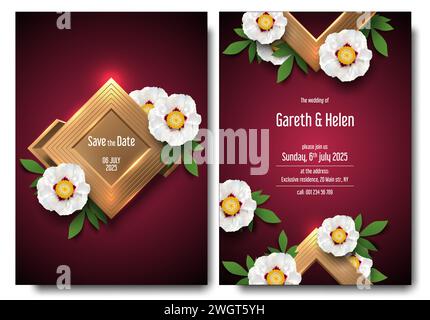 Blumendesign für Hochzeitseinladungskarten, weiße Pfingstrosenblüte mit Blättern und goldenem Rautenlogo. Goldener Rhombus-Rahmen, Blume, grün Stock Vektor