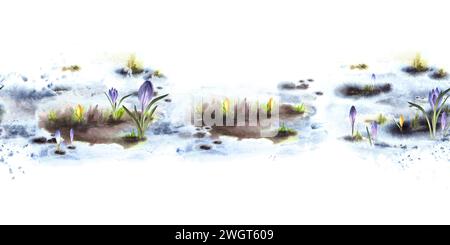 Aquarell Hand gezeichnete Illustration Frühling Wiese nahtlose Grenze, Muster Erwachen der Natur nach Winter schmelzenden Schnee, Primärpflanzen, Krokusse Stockfoto