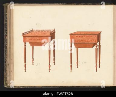 Zwei Entwürfe für Toilettentische mit Schubladen, anonym, ca. 1825 - ca. 1839 Zeichnung zweier Entwürfe für Toilettentische (?) Mit Schubladen aus Mahagoni und Kanalbeinen. Einer davon ist mit einem offenen Werk. Das Blatt auf der Rückseite nummeriert: 27, das gegenüberliegende Blatt mit Informationen über die Möbel dargestellt: 27 bis. Teil eines Albums mit 80 Blättern mit Zeichnungen und einem Druck von Furnier- und Lackmöbeln sowie Sitzmöbeln. Paris (möglicherweise) Papier. Tinte. Aquarell (Farbe). Stift-/Pinseltisch (+ Holz und anderes phytogenes Material) Stockfoto