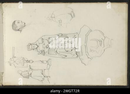 Studienblatt, einschließlich Männerkopf und Christusbilder, 1827–1891 Christus ist sowohl mit rijks' Apfel als auch am Kreuz dargestellt. Wahrscheinlich sind die Skulpturen auf dem Sockel Teil eines Kircheninnenraums. Auch ein kniender Mann mit einem Altar in einer Kirche und eine Frau mit einem Hut. Seite 1 aus einem Skizzenbuch mit 11 Blättern. Papier. Bleistift Christuskind hält etwas in der Hand, z.B. Apfel, Vogel, Kirschen, Kruzifix, Trauben, Papier-Windmühle  Madonna-Darstellungen. Kopf (Mensch) (+ männlicher Mensch (nicht zu verwenden, wenn -A- vorgeschrieben ist)) Stockfoto