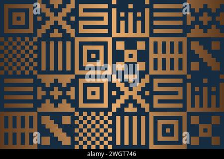 Nahtloser Vektor ethnisches geometrisches goldenes Pixelmuster. Abstrakter mexikanischer Hintergrund mit goldbronzener Textur. Kupfergrafik. Wiederkehrende Leute Stock Vektor