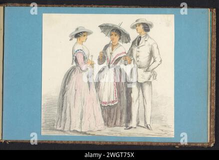 Ein Paar und eine junge Frau, Jacob Marius Adriaan Martini van Geffen, in oder nach ca. 1850 - in oder vor ca. 1860 zeichnen Treffen zwischen einem bewaffneten Paar und einer jungen Frau. Beide Frauen haben einen Sonnenschirm dabei, der Mann trägt einen Hut. Papier. Tinte. Bleistiftbürste Suriname Stockfoto