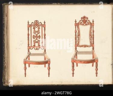 Zwei Entwürfe für Stühle, anonym, ca. 1825 - ca. 1839 Zeichnung zweier Entwürfe für Sitze ohne (Sitz-)Polsterung, von denen eines reich verzierte Schnitzereien im hinteren Fenster und das andere ohne Polsterung (im hinteren Fenster) ist. Das Blatt auf der Rückseite nummeriert: 61, das gegenüberliegende Blatt mit Informationen (hier fehlt) über die entworfenen Möbel nummeriert: 61 bis. Teil eines Albums mit 80 Blättern mit Zeichnungen und einem Druck von Furnier- und Lackmöbeln sowie Sitzmöbeln. Paris (möglicherweise) Papier. Tinte. Aquarell (Farbe). Bleistift / Pinselstuhl (+ Holz und anderes phytogenes Material) Stockfoto