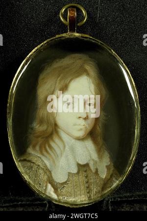 Porträt Willem II. (1626-50). Prinz von Orange, Alexander Cooper (zugeschrieben), 1640–1642 Miniatur (Gemälde) Porträt von Willem II. (1626–50). Prinz von Orange. Büste, rechts. Vermutlich um 1641 zur Zeit seiner Heirat mit Prinzessin Maria Stuart. In der Vergangenheit wurde fälschlicherweise Jakobus II. (1633–1701), der spätere König von England, als junger Mann identifiziert. Teil der Porträt-Miniatursammlung. Pappe. Gold (Metall). Glas Stockfoto