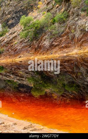 Markante Erdschichten und ein lebhafter Streifen rotes Wasser säumen den zerrissenen Boden des Rio Tinto Stockfoto