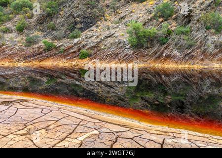 Markante Erdschichten und ein lebhafter Streifen rotes Wasser säumen den zerrissenen Boden des Rio Tinto Stockfoto