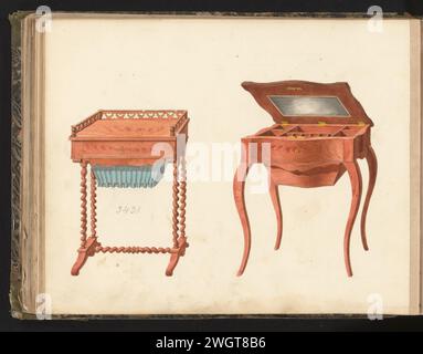 Zwei Entwürfe für Toilettentische, anonym, ca. 1825 - ca. 1839 Zeichnung von zwei Entwürfen von Toilettentischen, von denen einer mit offenem Werk in Mahagoni und auf geschwungenen Beinen. Das andere Modell im Louis XV Stil mit Spiegel im Blatt. Das Blatt auf der Rückseite nummeriert: 29, das gegenüberliegende Blatt mit Informationen über die dargestellten Möbel nummeriert: 29 bis. Teil eines Albums mit 80 Blättern mit Zeichnungen und einem Druck von Furnier- und Lackmöbeln sowie Sitzmöbeln. Paris (möglicherweise) Papier. Tinte. Aquarell (Farbe). Stift-/Pinseltisch (+ Holz und anderes phytogenes Material). Spiegeln Stockfoto