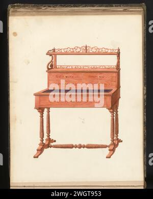 Entwurf für ein Damenbüro, Anonym, ca. 1825 - ca. 1839 Zeichnung Entwurf für ein Damenbüro in Mahagoni mit einer Schublade im Blatt, vier Schubladen im Essay und darüber zwei Regale mit verzierten Schnitzereien im Essay auf gedrehten Beinen. Nummeriert das Blatt auf der Rückseite: 63, das gegenüberliegende Blatt mit Informationen über die Möbel abgebildet: 63 bis. Teil eines Albums mit 80 Blättern mit Zeichnungen und einem Druck von Furnier- und Lackmöbeln sowie Sitzmöbeln. Paris (möglicherweise) Papier. Tinte. Aquarell (Farbe). Schreibtisch mit Bleistift / Pinsel, Schreibtisch Stockfoto