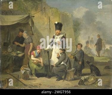 The Camp Follower, Anthonie Constantijn Govaerts, 1825 - 1827 Gemälde der Marktzelt Stern oder Süßstoff. Eine Gruppe Soldaten versammelte sich im Zelt eines Marktzelt-Sterns. Eine Frau schenkt ein Glas Wein für einen Soldaten, der ihr gegenüber auf seiner Trommel sitzt. Neben ihr steht ein Soldat mit hohem Hut und einer Axt in der rechten Hand, ein Glas Wein in der linken. Links ein paar Minnekozend unter einer Decke. Auf der rechten Seite versucht ein Junge mit einem Hund, etwas zu verkaufen. Rechts im Hintergrund weitere Figuren um ein offenes Feuer. Bereich. Ölfarbe (Farbe) Frauen Camp-Anhänger. (Militär-)Lager mit Zelten Stockfoto