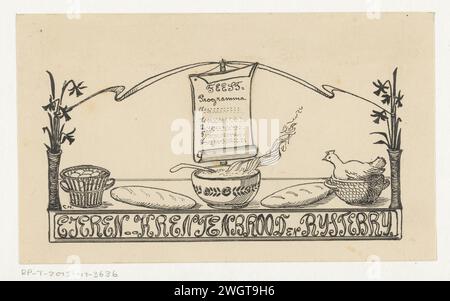 Partyprogramm über einer Schüssel mit dampfendem Reis pur, unbekannt, ca. 1890 - ca. 1940 Ein Blatt Papier mit einer Beschreibung eines Partyprogramms hängt über einer Schüssel mit Reis pur. Es gibt Brote und zwei Körbe neben der Schüssel, einer mit Eiern und im anderen ein Hühnchen. Papier. Tinte für Indien (Tinte). Bleistift Brot, Brot. Eier, Eierspeisen. Schüssel Stockfoto