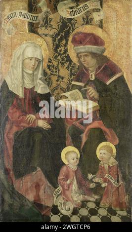 Die Familie des Zebedees / Engel Gabriel aus einer Verkündigung (Reste auf der Verso), anonym, um 1490 Gemälde der Familie des Zebedeus. Zebedeus sitzt auf einem offenen Buch auf seinem Schoß, links ist Maria Salome. Auf dem Boden ihre Kinder Johannes (der Evangelist) und Jacobus Major. Auf dem Rücken sind Überreste einer Darbietung von Maria oder des Engels von einer Verkündigung an Maria? Unten noch ein paar kleine Figuren. Der linke Flügel eines Triptychons. Region Niederrhein. Ölfarbe (Lack). Canvas Mary Salome, Schwester der Jungfrau und Mutter von Jakobus dem Großen und Johannes dem Evangelisten, ebenfalls eine Stockfoto