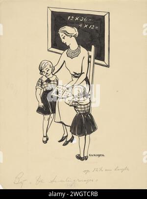 Zwillingsschwestern am Lehrer, C. van Roojen, ca. 1920 - ca. 1970 Zeichnung Ein Lehrer sitzt auf einem Stuhl vor einer Tafel. Es sind Summen auf dem Brett und die Lehrerin hat ein Rechenbuch oder ein Skript auf ihrem Schoß. Es sind zwei weinende Zwillingsschwestern bei ihr. Papier. Tinte für Indien (Tinte). Deckfarbe. Bleistift-/Pinsellehrer und Schüler. Arithmetisch. Zwillinge. Weinen Stockfoto