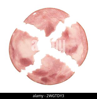 Geschnittener roher geräucherter Speck isoliert auf weißem Hintergrund mit Schneidepfad, Schweinefleisch in Stücke gerissen, Ansicht von oben Stockfoto