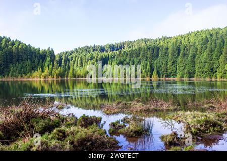See Sieben Cities oder Lagoa das sete cidades ist ein vulkanischer See auf der Insel São Miguel auf den Azoren in Portugal Stockfoto