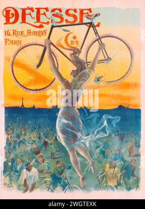 Poster von Frau mit Fahrrad in Händen, Paris, Frankreich Stockfoto