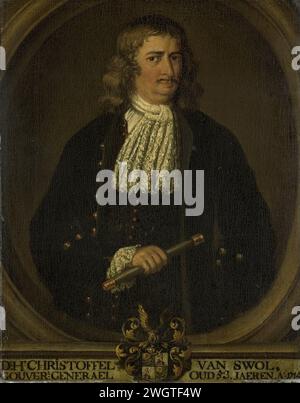 Porträt von Christoffel van Swoll (Swol, Zwol), Generalgouverneur von Niederländisch-Ostindien, Hendrik van den Bosch (Kopie danach), 1750–1800 Gemälde Porträt von Christoffel van Swoll (1663–1718). Generalgouverneur (1713-18). Stehend, in der Hälfte, in Oval, der Kopf leicht nach rechts. Commandostaf in der rechten Hand. Teil einer Serie von Kopien von Porträts der Generalgouverneure der ehemaligen Niederländisch-Indien-Inseln, wahrscheinlich von der United Oost India Company. Kopie nach SK-A-3772. Leinwand. Ölfarbe (Lack) Stockfoto