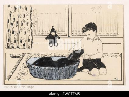Junge streichelt einen Hund, A. Tinbergen, ca. 1925 - ca. 1935 Zeichnung Ein Junge sitzt in einem Wohnzimmer auf einem Teppich in einem Hundebett und streichelt den Hund. Papier. Tinte für Indien (Tinte). Bleistift. Lackstift / Pinselhalter für Deck Stockfoto